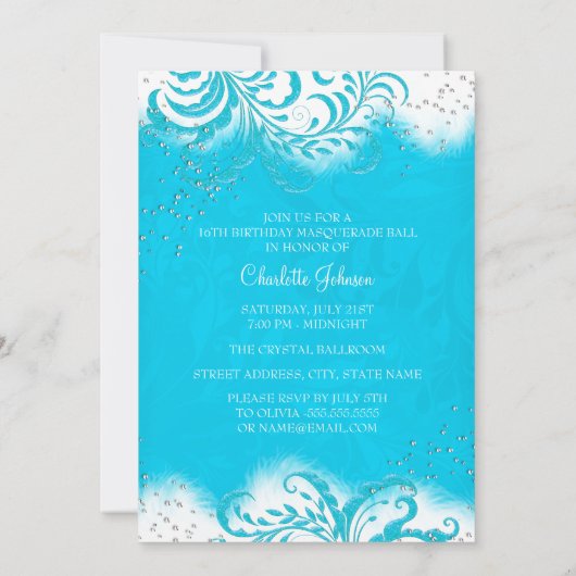 Blue White sparkle Mask Masquerade Sweet 16 Kaart (Achterkant)