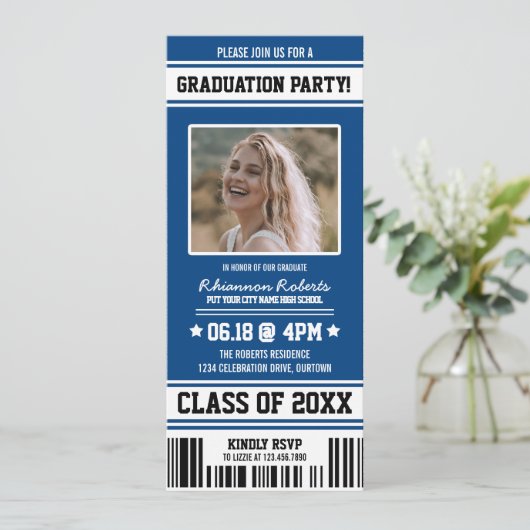Blue|White Sporty Graduing Party Ticket Kaart (Staand voorkant)