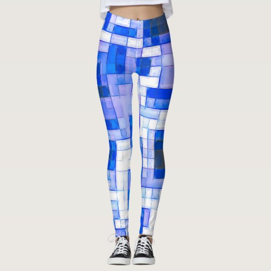 Blue White Square Geometric Pattern Personaliseren Leggings (Voorkant)
