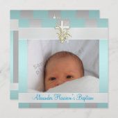 Blue White Stripe Foto Cross Baptisme Christening Kaart (Voorkant / Achterkant)