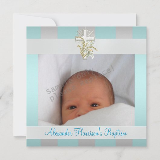 Blue White Stripe Foto Cross Baptisme Christening Kaart (Voorkant)