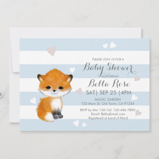 Blue White Stripe Heart Fox Baby shower Invitation Kaart (Voorkant)