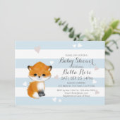 Blue White Stripe Heart Fox Baby shower Invitation Kaart (Staand voorkant)