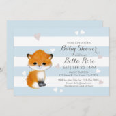 Blue White Stripe Heart Fox Baby shower Invitation Kaart (Voorkant / Achterkant)