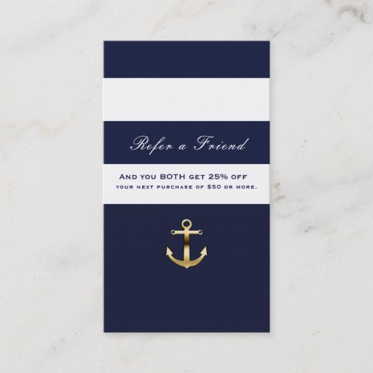 Blue & White Stripe Nautisch Goud Verwijs een vrie Aanbevelingskaartje (Voorkant)