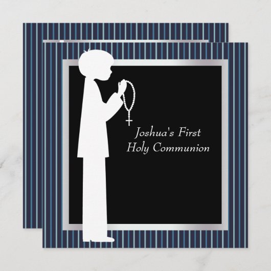 Blue White Stripe Rosary Boys First Communion Kaart (Voorkant / Achterkant)