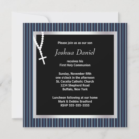 Blue White Stripe Rosary Boys First Communion Kaart (Achterkant)