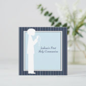 Blue White Stripe Rosary Boys First Communion Kaart (Staand voorkant)