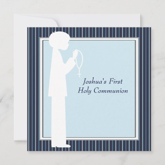 Blue White Stripe Rosary Boys First Communion Kaart (Voorkant)