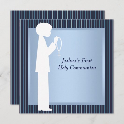 Blue White Stripe Rosary Boys First Communion Kaart (Voorkant / Achterkant)