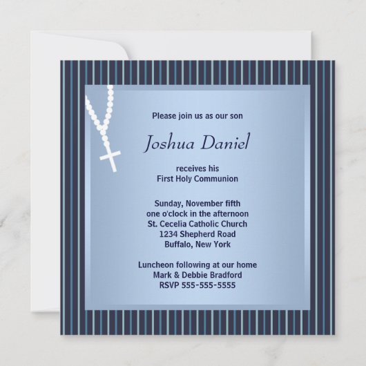 Blue White Stripe Rosary Boys First Communion Kaart (Achterkant)