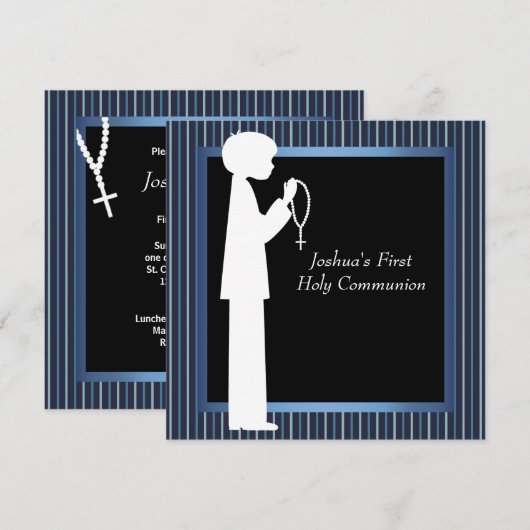 Blue White Stripe Rosary Boys First Communion Kaart (Voorkant / Achterkant)