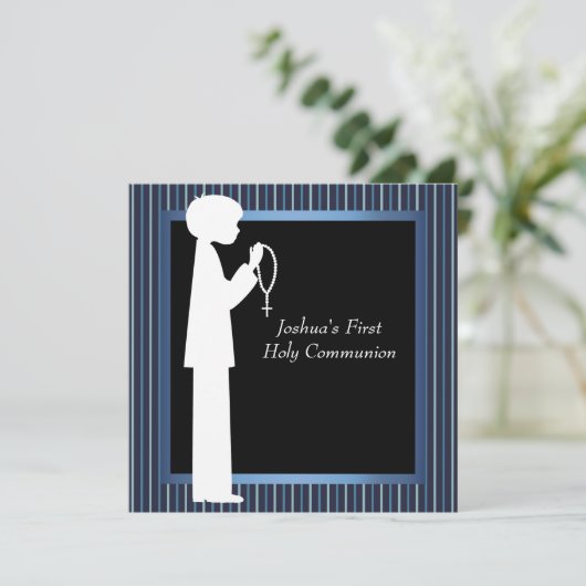 Blue White Stripe Rosary Boys First Communion Kaart (Staand voorkant)