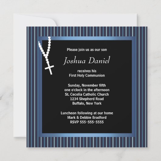 Blue White Stripe Rosary Boys First Communion Kaart (Achterkant)