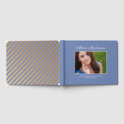 Blue White Striped Afstuderen Senior Photo Gastenboek (Volledig)