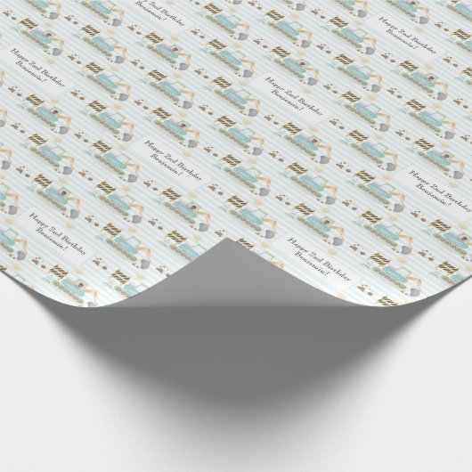 Blue White Striped Construction Digger Foto Name Cadeaupapier (Hoek)