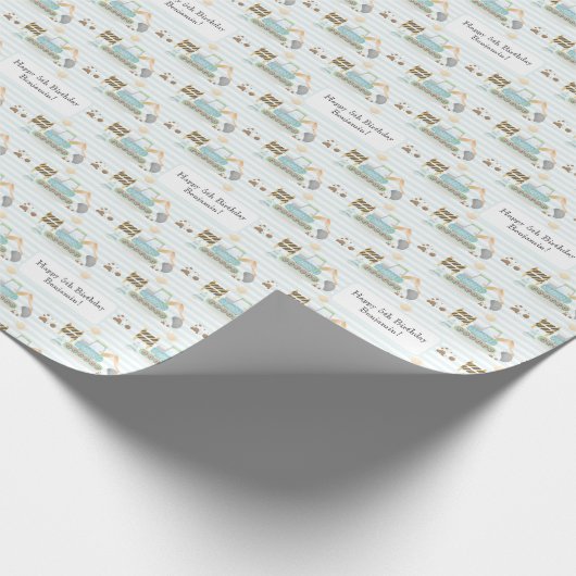 Blue White striped Construction Digger Text Name Cadeaupapier (Hoek)