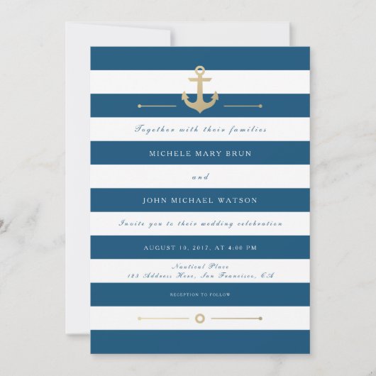 Blue White Striped Nautical Wedding Invitation Kaart (Voorkant)