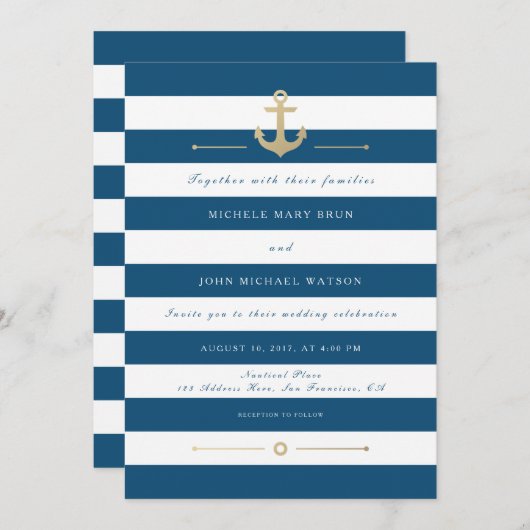 Blue White Striped Nautical Wedding Invitation Kaart (Voorkant / Achterkant)