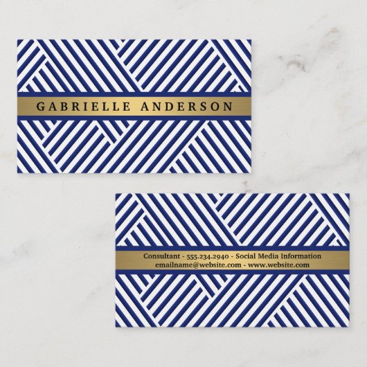 Blue White Striped Pattern | Goud metaal Visitekaartje (Voorkant / Achterkant)