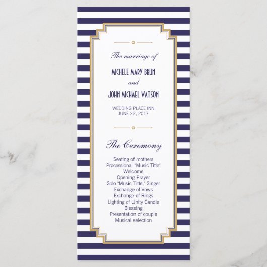 Blue White Striped Wedding Program Rack Kaarten (Voorkant)