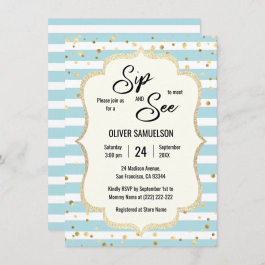 Blue White Stripes Gold Black BABY SIP en SEE Kaart (Voorkant / Achterkant)