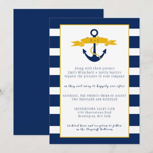 Blue White Stripes Gold Details Nautical Wedding | Kaart (Voorkant / Achterkant)