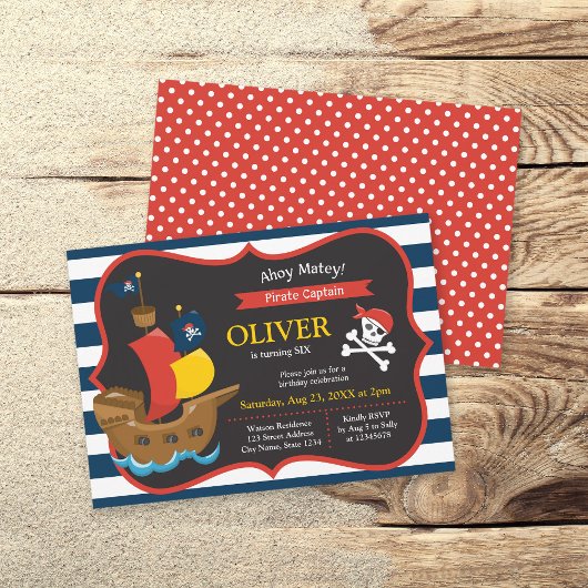 Blue White Stripes Pirate Ship Birthday Invitation Kaart