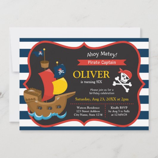 Blue White Stripes Pirate Ship Birthday Invitation Kaart (Voorkant)