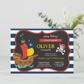 Blue White Stripes Pirate Ship Birthday Invitation Kaart (Staand voorkant)