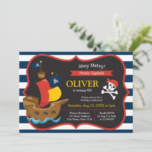 Blue White Stripes Pirate Ship Birthday Invitation Kaart (Staand voorkant)