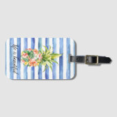 Blue White Stripes Tropical Floral Pineapple Bagagelabel (Voorkant (horizontaal))