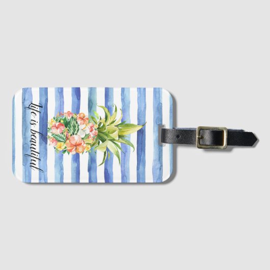Blue White Stripes Tropical Floral Pineapple Bagagelabel (Voorkant (horizontaal))