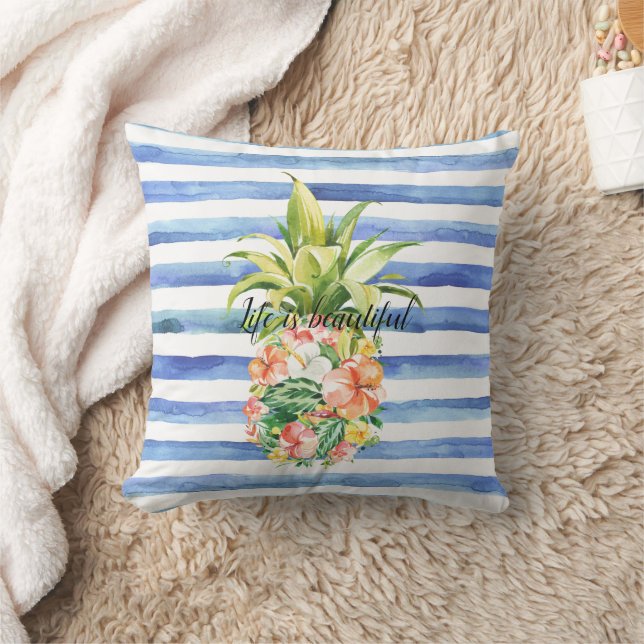 Blue White Stripes Tropical Floral Pineapple Kussen (Deken)
