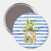 Blue White Stripes Tropical Floral Pineapple Magneet (Voorkant / Achterkant)