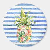 Blue White Stripes Tropical Floral Pineapple Magneet (Voorkant)