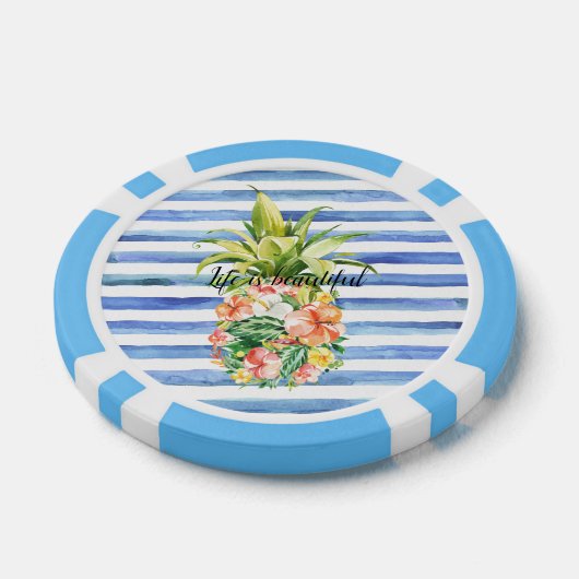 Blue White Stripes Tropical Floral Pineapple Poker Chips (Enkel)
