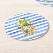 Blue White Stripes Tropical Floral Pineapple Ronde Kartonnen Onderzetter (Gebogen)