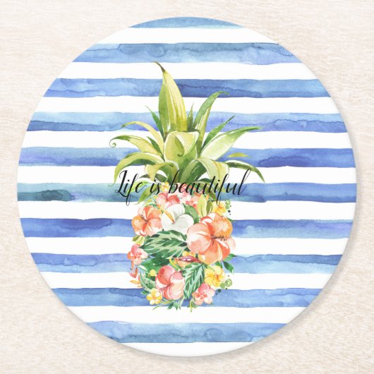 Blue White Stripes Tropical Floral Pineapple Ronde Kartonnen Onderzetter (Voorkant)