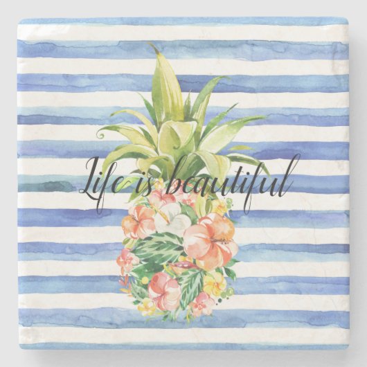 Blue White Stripes Tropical Floral Pineapple Stenen Onderzetter (Voorkant)