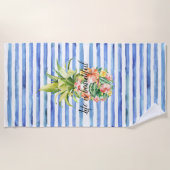 Blue White Stripes Tropical Floral Pineapple Strandlaken (Voorkant)