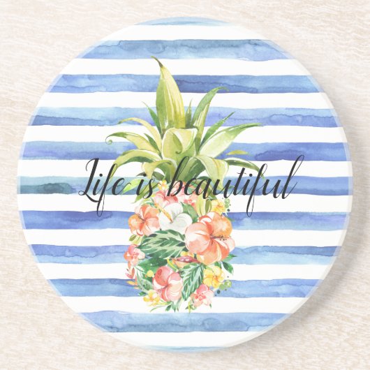 Blue White Stripes Tropical Floral Pineapple Zandsteen Onderzetter (Voorkant)