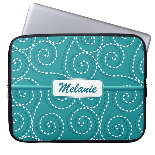 Blue White Swirls Persoonlijke naam Laptop Sleeve (Voorkant)