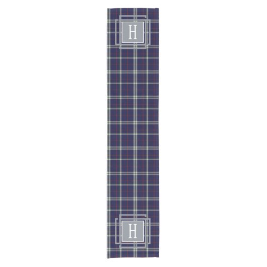 Blue white Tartan Monogram Korte Tafelloper (Voorkant)