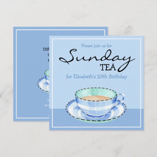Blue White Teacup blue Birthday Tea Invitation Kaart (Voorkant / Achterkant)