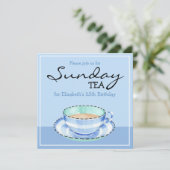 Blue White Teacup blue Birthday Tea Invitation Kaart (Staand voorkant)