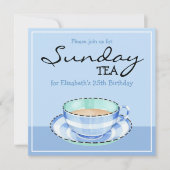 Blue White Teacup blue Birthday Tea Invitation Kaart (Voorkant)