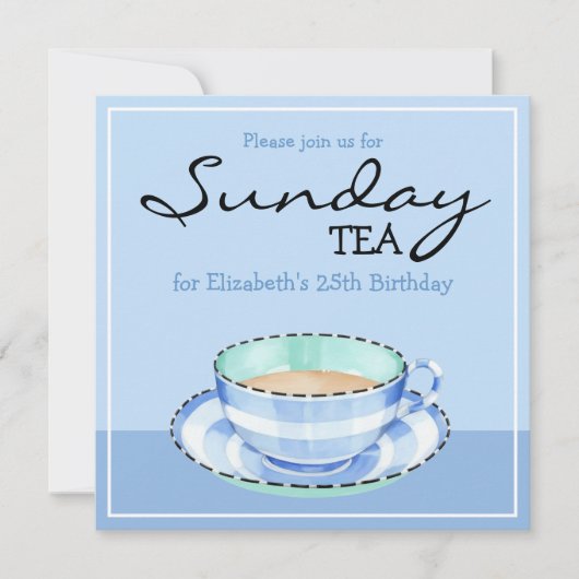 Blue White Teacup blue Birthday Tea Invitation Kaart (Voorkant)