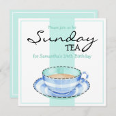 Blue White Teacup white Birthday Invitation Kaart (Voorkant / Achterkant)