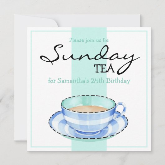 Blue White Teacup white Birthday Invitation Kaart (Voorkant)